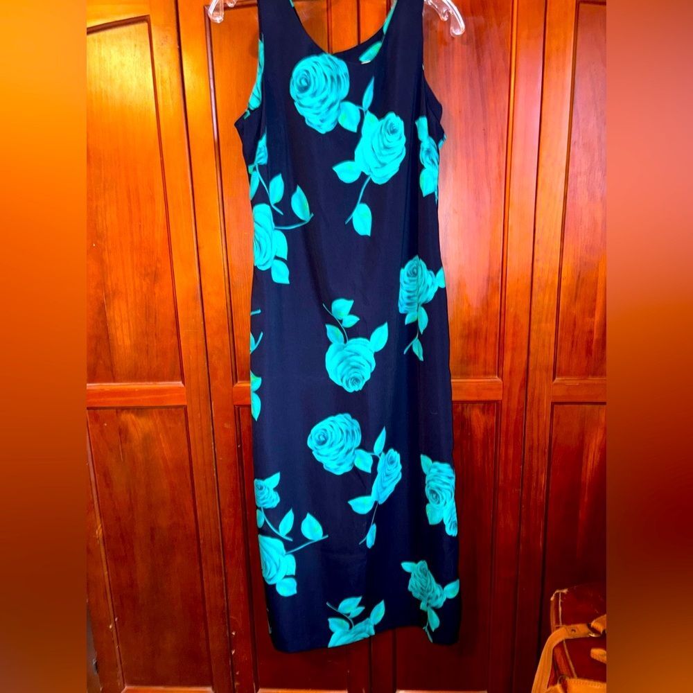 Studio I Navy Blue and Teal Green Floral Sleeveless Midi Dress #1598